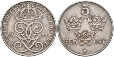 Швеция 5 эре 1942 Густав V (1907-1950) KM 812 железо 4557-711