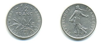 ФРАНЦИЯ 1/2 ФРАНКА 1970 KM 931.1 никель 25-833