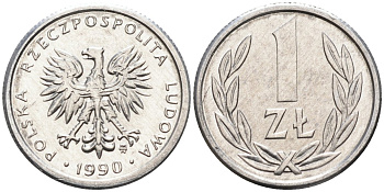 Польша 1 злотый 1990 MW, Народная Республика KM 49.3, Parchimowicz 215b алюминий UNC 4580-724