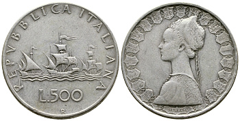 Италия 500 лир 1961 R, корабли Колумба KM 98 серебро 4178-1013