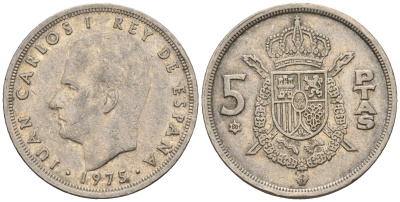 Испания 5 песет 1975 (80) Хуан Карлос I (1975-2014) KM 807 медно-никель 259-222
