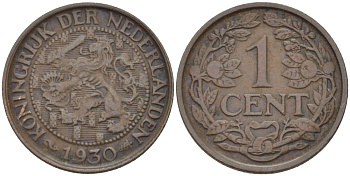 НИДЕРЛАНДЫ 1 ЦЕНТ 1930 ВИЛЬГЕЛЬМИНА (1890-1948) KM 152 бронза 100-1015