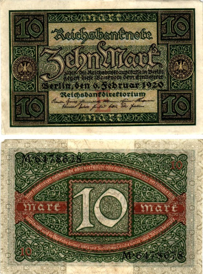 Германия 10 марок 1920 Pick 67a бумага aUNC 7375-42-1-1