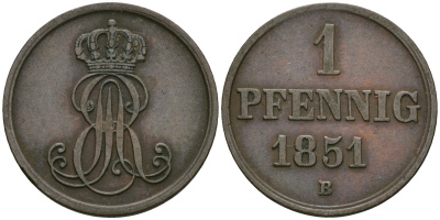 Ганновер 1 пфенниг 1851 B, Эрнст Август (1837-1851) KM 201.1, AKS 129, J. 74 медь 4608-1117