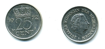 Нидерланды 25 центов 1972 Юлиана (1948-1980) KM 183 никель 76-521