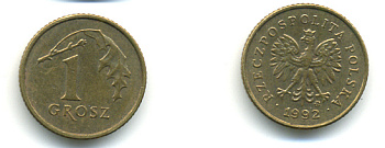 ПОЛЬША 1 ГРОШ 1992 MW KM 276 латунь 3999-1111