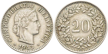 ШВЕЙЦАРИЯ 20 РАППЕНОВ 1943 В KM 29а медно-никель 4511-911