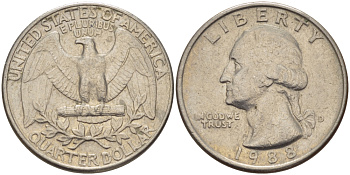 США 25 ЦЕНТОВ = КВОТЕР 1988 D, ВАШИНГТОН KM А164а медь плакированная медно-никелем 31-752