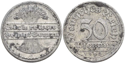 ГЕРМАНИЯ 50 ПФЕННИГОВ 1922 G KM 27, J. 301, Weege 10 алюминий 261-813