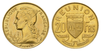 Реюньон 20 франков 1961 KM 11 алюминиевая бронза aUNC 4127-1842