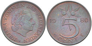 Нидерланды 5 центов 1980 Юлиана (1948-1980) KM 181 бронза 210-1225