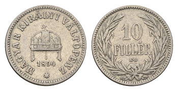 Венгрия 10 филлеров 1894 KB, Франц Иосиф I (1848-1916) KM 482 никель 4664-948