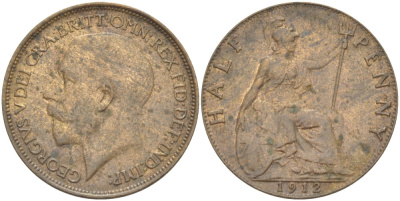 Великобритания 1/2 пенни 1912 Георг V (1910-1936) KM 809, Spink 4056 бронза 4523-425