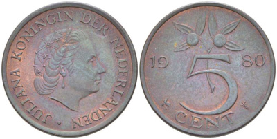 Нидерланды 5 центов 1980 Юлиана (1948-1980) KM 181 бронза 210-1225
