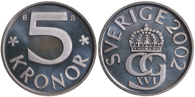 Швеция 5 крон 2002 B, Карл XVI Густав (1973- ) KM 853a медно-никель PROOFLIKE 59-234