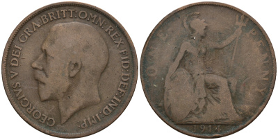 Великобритания 1 пенни 1914 Георг V (1910-1936) KM 810, Spink 4051 бронза 221-231