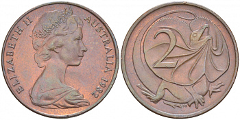 АВСТРАЛИЯ 2 ЦЕНТА 1982 ЕЛИЗАВЕТА II (1953-), ЕЛИЗАВЕТА II, МОЛОДОЙ ПОРТРЕТ, ПЛАЩЕНОСНАЯ ЯЩЕРИЦА (FRILLED LIZARD) KM 63 бронза 4519-454