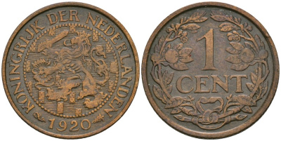 Нидерланды 1 цент 1920 Вильгельмина (1890-1948) KM 152 бронза 4576-1039