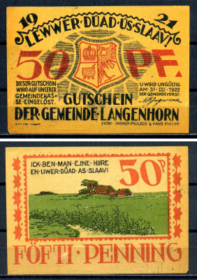 Лангенхорн (Шлезвиг-Гольштейн, Пруссия) 50 пфеннигов 1921 DeNG 1/2 GrM:0768.1-1/3 бумага UNC (пресс) 7556-19-1-2