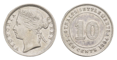 Стрейтс-Сетлментс (Стрейтс Сетлментс) 10 центов 1894 Виктория (1837-1901) KM 11 серебро 1521-925