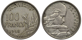 ФРАНЦИЯ 100 ФРАНКОВ 1958 ТИП COCHET KM 919.1, LE FRANC 450.12 медно-никель 27-812