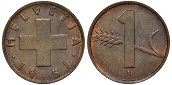 Швейцария 1 раппен 1951 в KM 46 бронза 4124-528