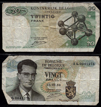 Бельгия 20 франков 1964 Бодуэн I; Атомиум, Брюссель Pick 138 (3) бумага 7548-119-3-2
