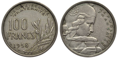 ФРАНЦИЯ 100 ФРАНКОВ 1958 ТИП COCHET KM 919.1, LE FRANC 450.12 медно-никель 27-812