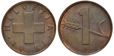 Швейцария 1 раппен 1951 в KM 46 бронза 4124-528