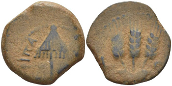 Иудея, династия Ирода прута 37 - 43 Агриппа I, греческая легенда 'царь Агриппа', зонт / три хлебных колоса, (дата не вошла при чеканке), Иерусалим Hendin 1244 медь 1073-21-35