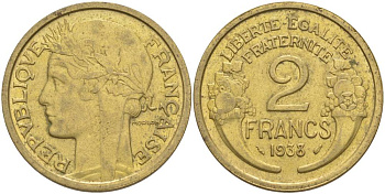 ФРАНЦИЯ 2 ФРАНКА 1938 ТИП MORLON KM 886, LE FRANC 268.11 алюминиевая бронза 3855-115