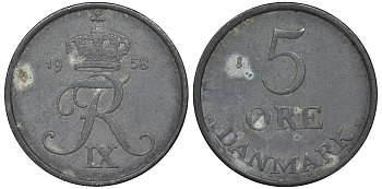Дания 5 эре 1958 KM 843 цинк 4165-725