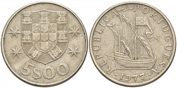 ПОРТУГАЛИЯ 5 ЭСКУДО 1977 ПАРУСНИК KM 591 медно-никель 3457-711