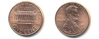 США 1 ЦЕНТ 2005 ЛИНКОЛЬН KM 201b цинк плакированный медью 86-462