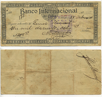 Куба чек именной № 247 1920 МЕЖДУНАРОДНОГО БАНКА КУБЫ, ВЫПИСАН 28 февраля 1920 года, НА СУММУ 1208 ПЕСО 89 СЕНТИМО, С ОТМЕТКОЙ О ГАШЕНИИ   бумага   504-34-1-1