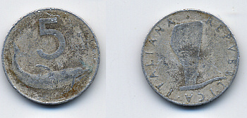 ИТАЛИЯ 5 ЛИР 1951 R, РУЛЬ, ДЕЛЬФИН KM 92 алюминий 62-2552