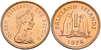 Фолклендские острова 1 пенни 1974 Елизавета II (1952-2022), папуанский пингвин KM 2 бронза 4152-1265
