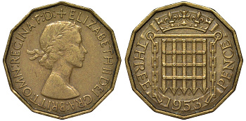 Великобритания 3 пенса 1953 Елизавета II (1952-2022) KM 886, Spink 4152 никель латунь 4122-924