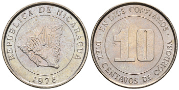 Никарагуа 10 сентаво 1978 карта страны KM 31 медно-никель  UNC  220-1225