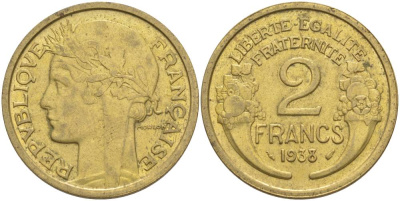 ФРАНЦИЯ 2 ФРАНКА 1938 ТИП MORLON KM 886, LE FRANC 268.11 алюминиевая бронза 3855-115