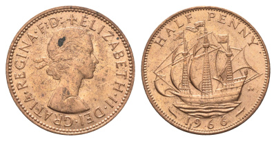 Великобритания 1/2 пенни 1966 Елизавета II (1952-2022) KM 896, Spink 4158 бронза aUNC 4662-1252