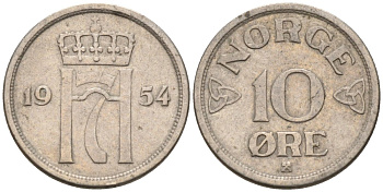 Норвегия 10 эре 1954 Хокон VII (1905-1957) KM 396 медно-никель 4580-954