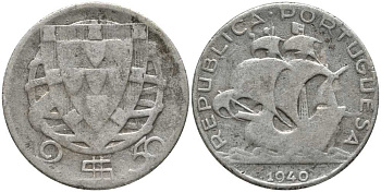 Португалия 2,50 эскудо 1940 парусник КМ 580 серебро 202-353