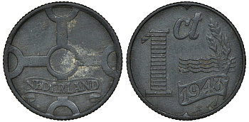 НИДЕРЛАНДЫ 1 ЦЕНТ 1943 ВИЛЬГЕЛЬМИНА (1890-1948) KM 170 цинк 72-1619