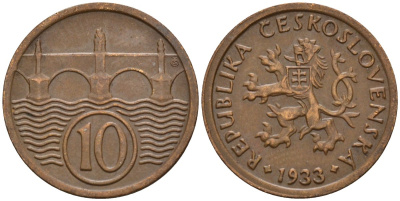 Чехословакия 10 геллеров 1933 KM 3 медь цинк 4152-713