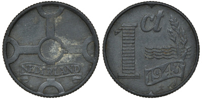 НИДЕРЛАНДЫ 1 ЦЕНТ 1943 ВИЛЬГЕЛЬМИНА (1890-1948) KM 170 цинк 72-1619