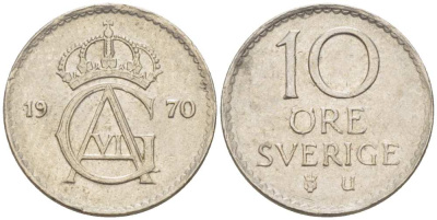 Швеция 10 эре 1970 U, Густав VI Адольф (1950-1973) KM 835 медно-никель 4516-443