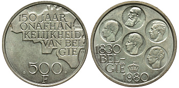 Бельгия 500 франков 1980 150 лет независимости, Belgie, Бодуэн I (1951-1993) KM 162 медно-никель покрытый серебром UNC 443-111