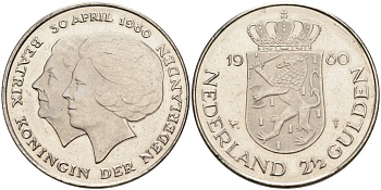 Нидерланды 2 1/2 гульдена 1980 коронация Беатрикс, 30 апреля 1980 KM 201 никель 189-435