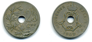 БЕЛЬГИЯ 25 САНТИМОВ 1908 BELGIE KM 63 медно-никель 86-1655